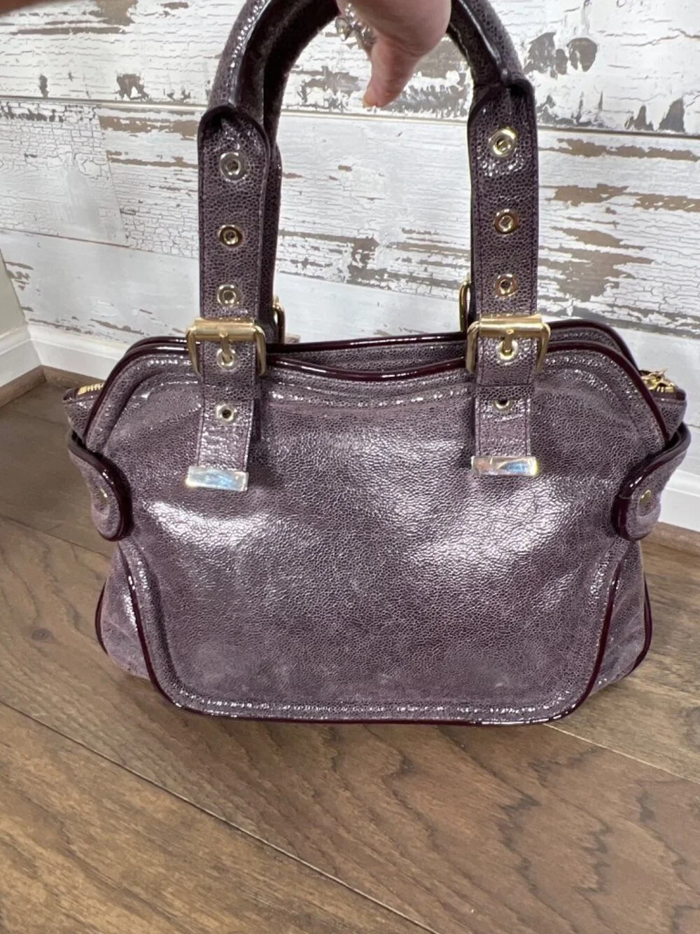 STELLA MCCARTNEY Double Handle Distressed Vegan Leather Satchel Glossy Plum OS